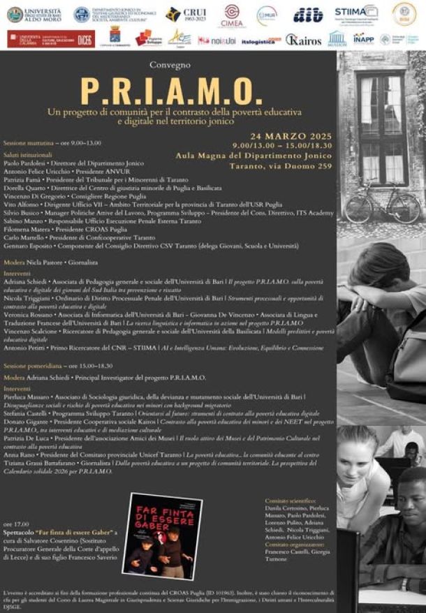Priamo, contrasto alla povertà educativa e digitale. Lunedì focus tra esperti e teatro nel Dipartimento Ionico UniBa