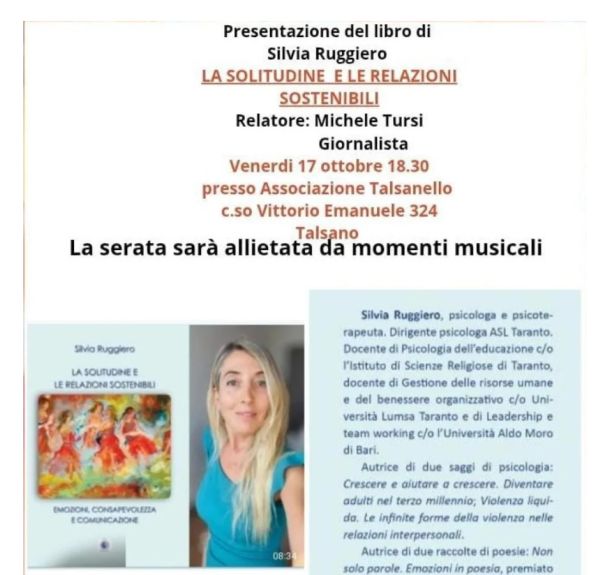 “La solitudine e le relazioni sostenibili” il libro di Silvia Ruggiero all’associazione Talsanello