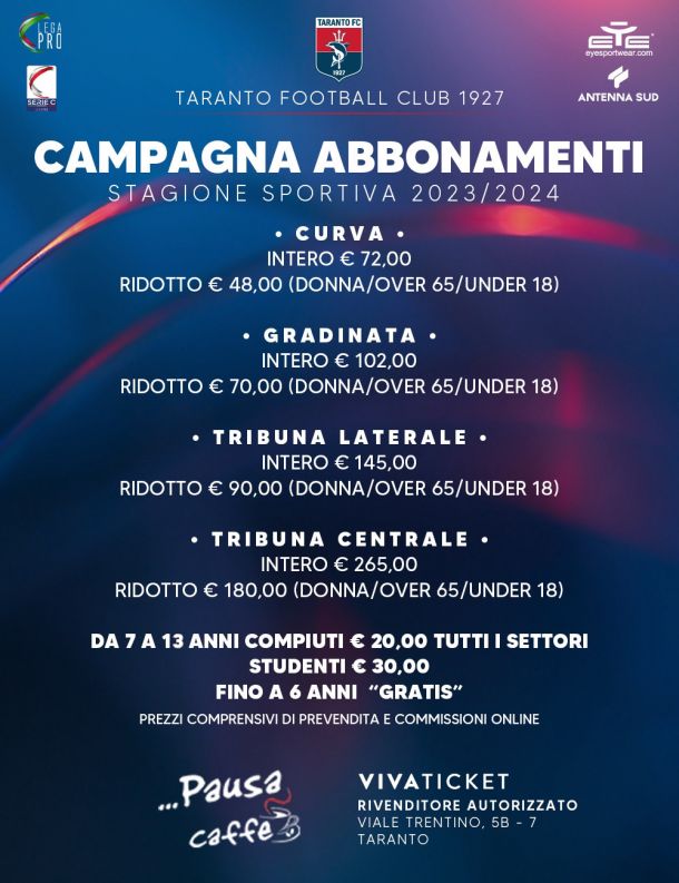 Taranto, ecco gli abbonamenti per il girone di ritorno dei rossoblu: costi e riduzioni settore per settore