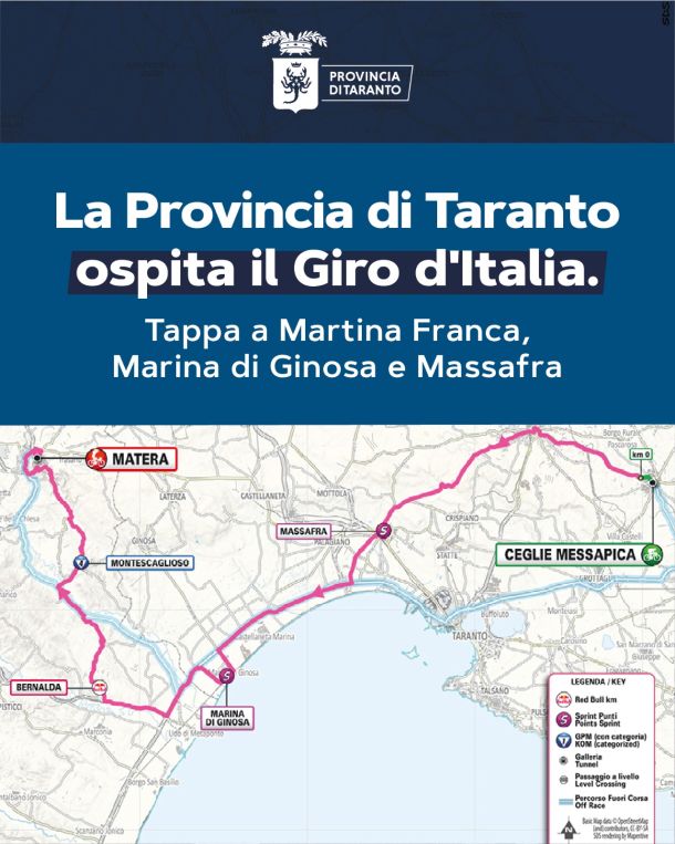 Giro d’Italia, la maglia rosa passa dalla provincia di Taranto: il dettaglio della tappa del 14 maggio