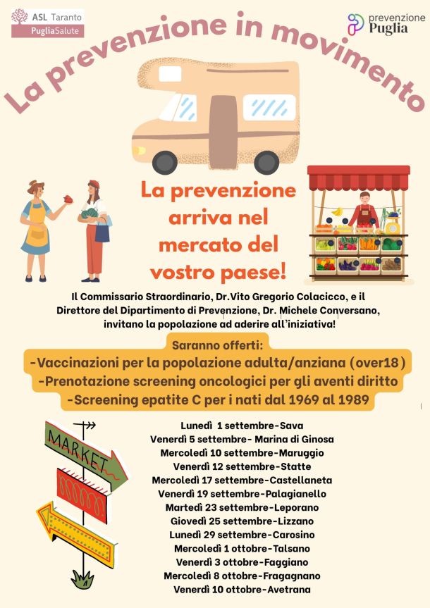 “La prevenzione in movimento”, il camper dell’Asl Taranto torna nei mercati
