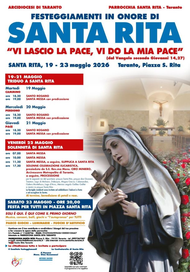 Taranto, il programma della Festa di Santa Rita