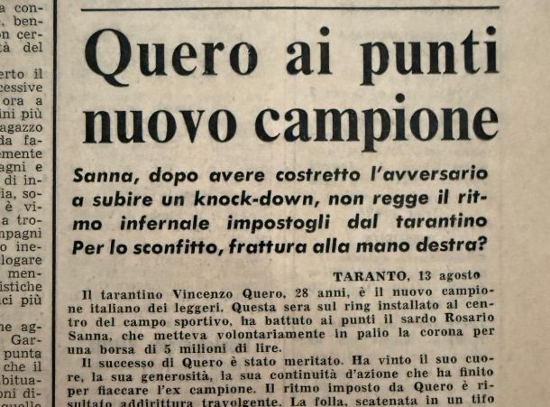 Boxe, 50 anni fa Vincenzo Quero conquistava il titolo italiano dei pesi Leggeri