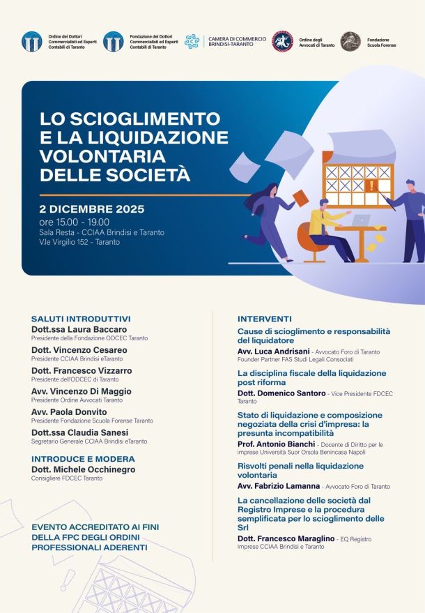 Liquidazione volontaria della società, commercialisti e avvocati di Taranto a convegno